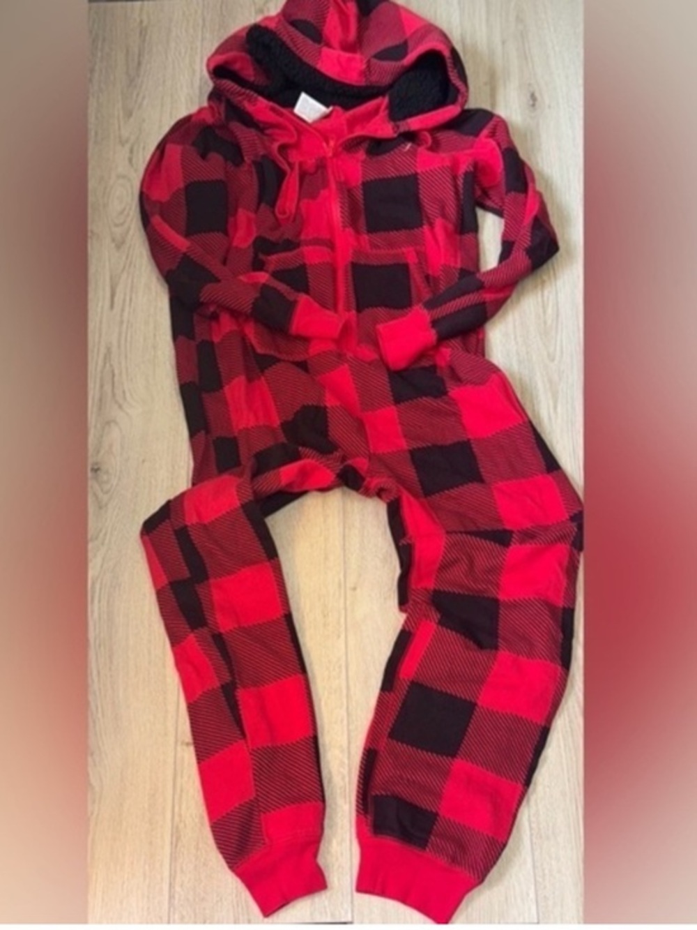 PINK Victoria's Secret Red & Black Plaid Hooded One-Piece Pajama onesie pj